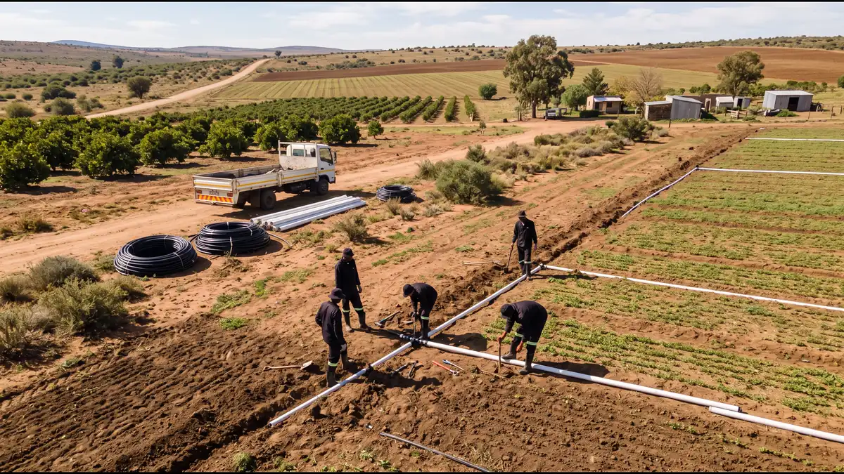 Agricultural Irrigation South Africa - irrigation contractors joining PVC mainline pipes beside an orchard and crop field on a South African farm Agricultural Irrigation South Africa - irrigation contractors joining PVC mainline pipes beside an orchard and crop field on a South African farm